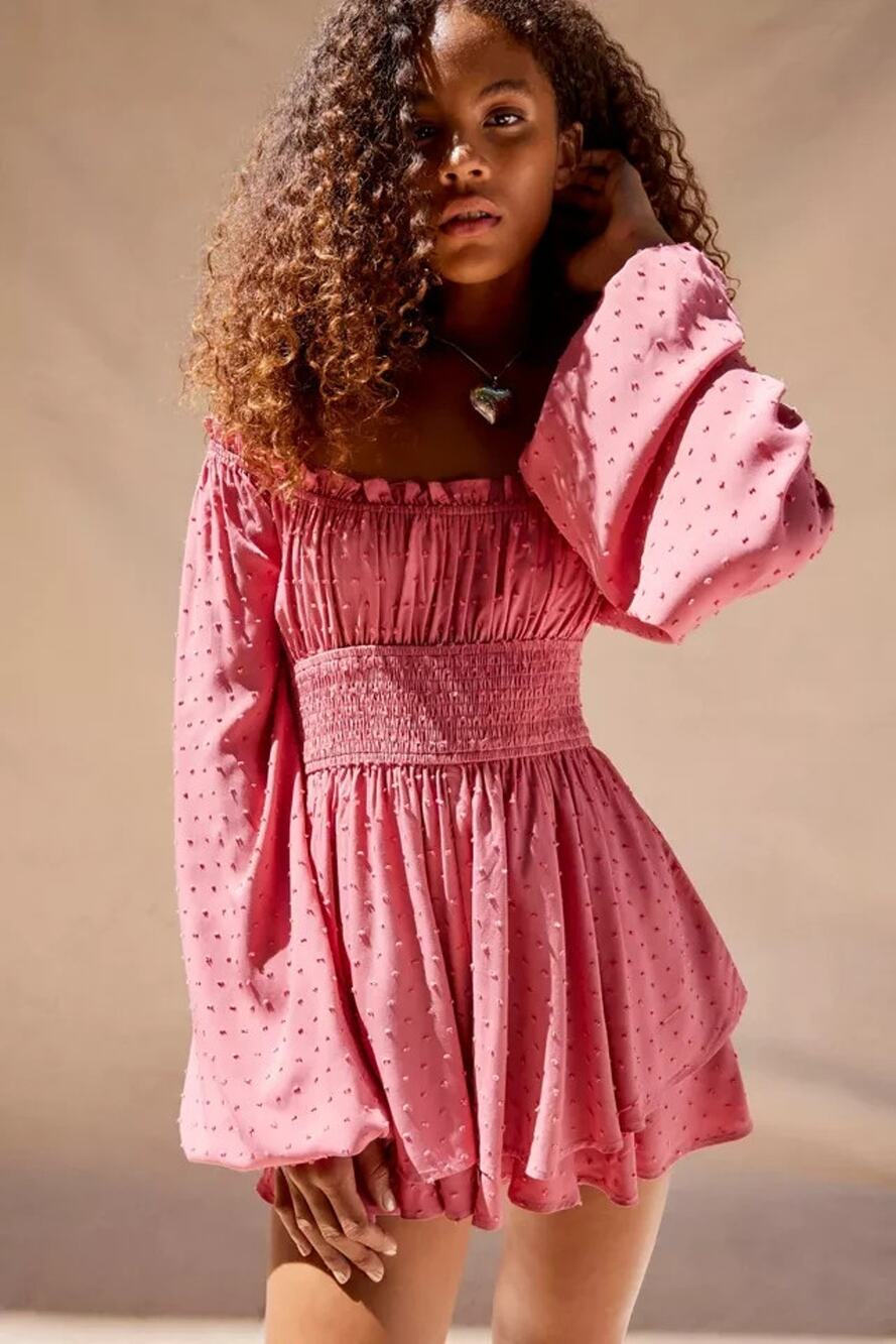 Urban Outfitters Women's Smocked Romper Long Puffy Sleeves Size XS Mauve Pink